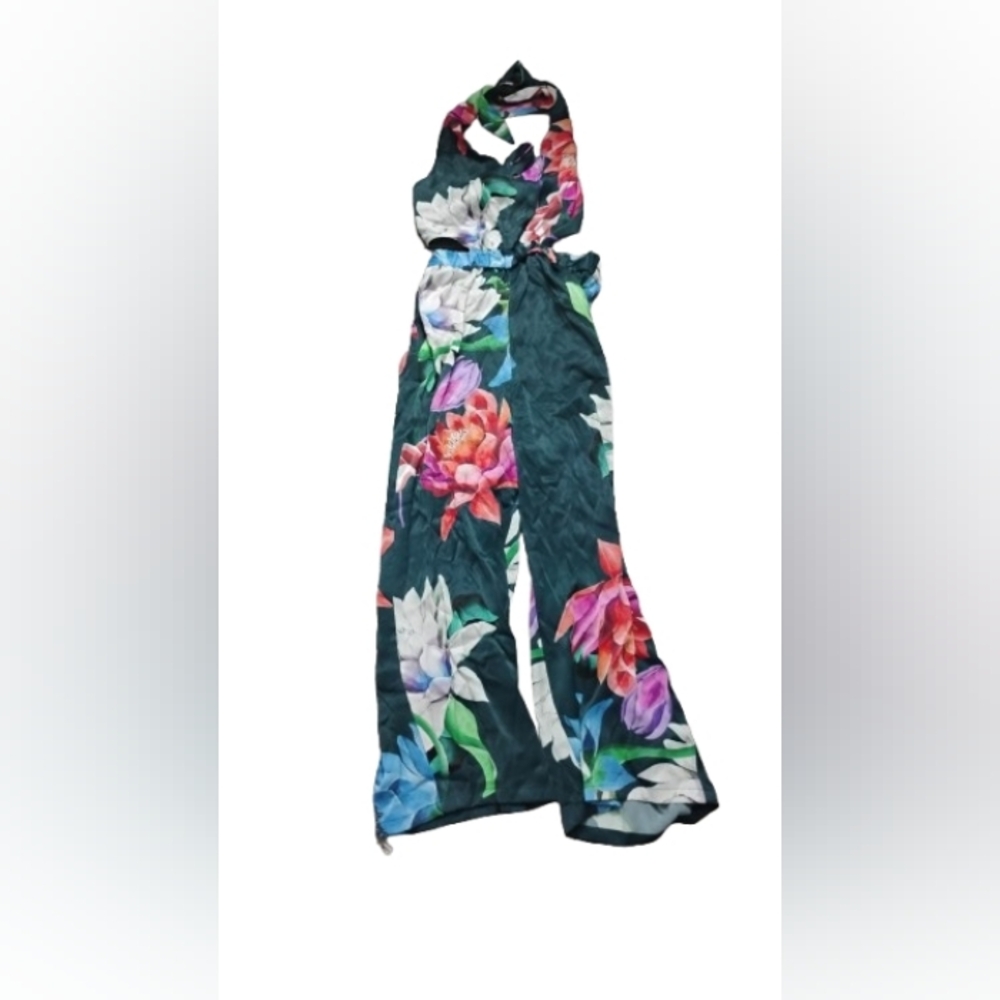 Maeve Anthropologie Green Floral Halter Tie Back Cutout Side Jumpsuit Sz 2 US